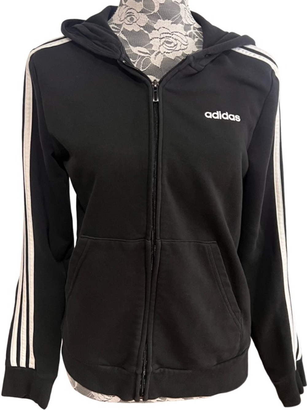 adidas Women's Zip-Up Hoodie Jacket with 3 Stripe Detail Size M